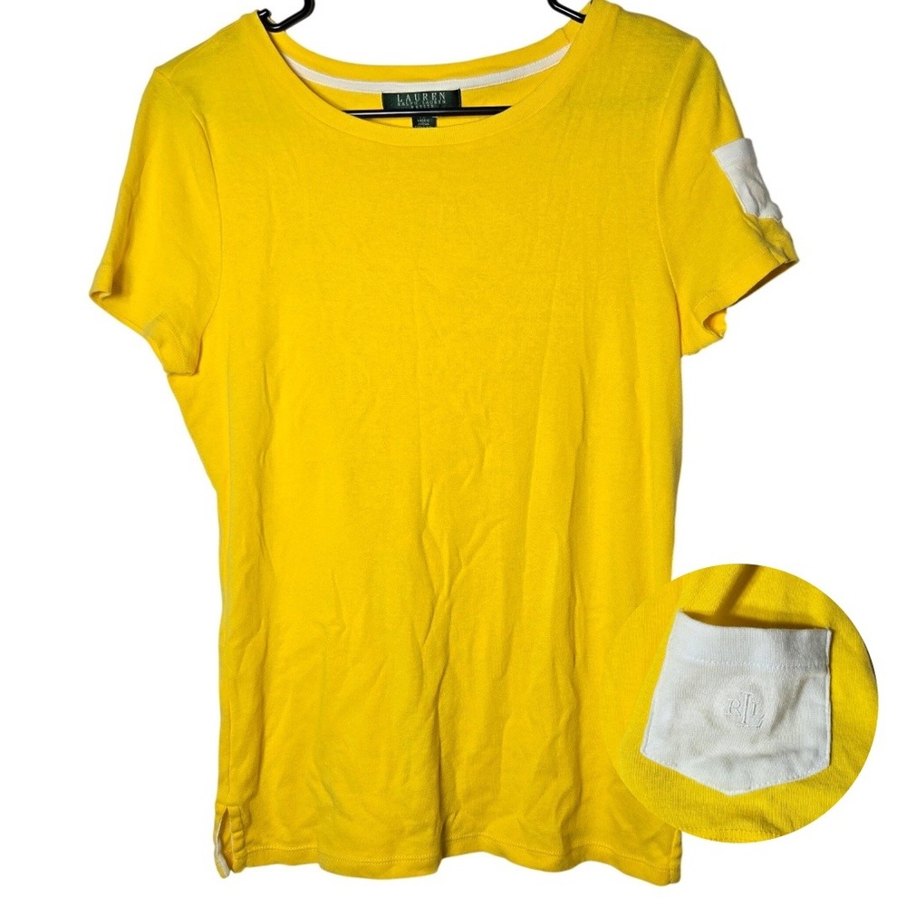 Lauren‎ Ralph Lauren Womens Yellow Short Sleeve Shirt Petite Large PL Preppy